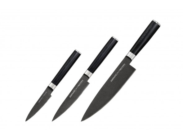 Набор из 3-х ножей Samura Mo-V Stonewash SM-0230B овощной, универсальный, шеф