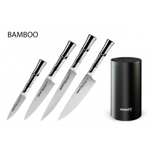 Набор из 4-х ножей Samura Bamboo овощной, универсальный 125 мм, для нарезки, шеф и черной подставки