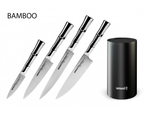 Набор из 4-х ножей Samura Bamboo овощной, универсальный 125 мм, для нарезки, шеф и черной подставки