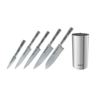 Набор из 5-ти ножей Samura Bamboo овощной, универсальный 150 мм, для стейка, шеф, сантоку 137 мм и подставки