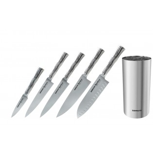 Набор из 5-ти ножей Samura Bamboo овощной, универсальный 150 мм, для стейка, шеф, сантоку 137 мм и подставки