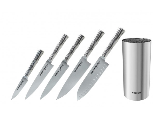 Набор из 5-ти ножей Samura Bamboo овощной, универсальный 150 мм, для стейка, шеф, сантоку 137 мм и подставки Набор из 5-ти ножей Samura Bamboo овощной, универсальный 150 мм, для стейка, шеф, сантоку 137 мм и подставки
