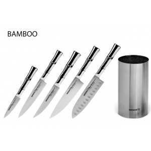 Набор из 5-ти ножей Samura Bamboo овощной, универсальный 150 мм, для стейка, шеф, сантоку 137 мм и подставки
