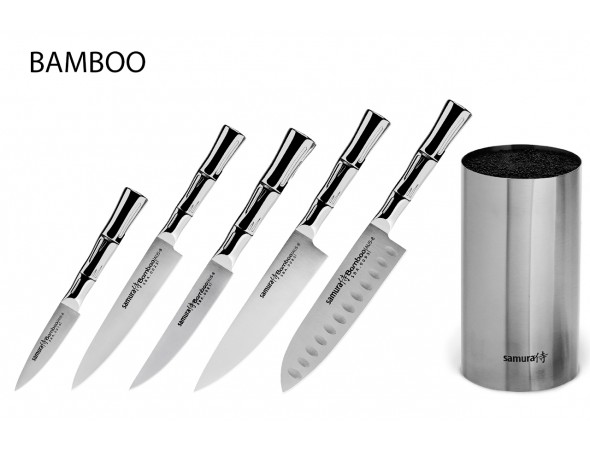 Набор из 5-ти ножей Samura Bamboo овощной, универсальный 150 мм, для стейка, шеф, сантоку 137 мм и подставки