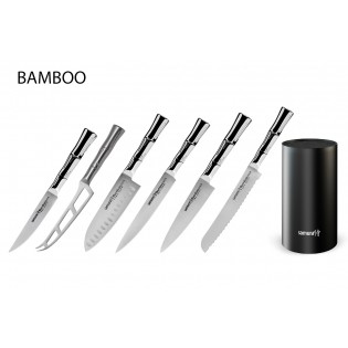 Набор из 6-ти ножей Samura Bamboo для стейка, для сыра, сантоку 160 мм, для нарезки, универсальный 125 мм, для хлеба и черной подставки