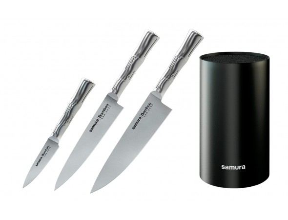 Набор из 3-х ножей Samura Bamboo овощной, универсальный 150 мм, шеф и подставки