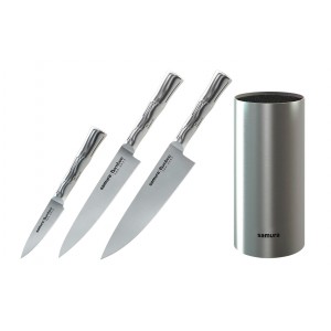 Набор из 3-х ножей Samura Bamboo овощной, универсальный 125 мм, шеф и стальной подставки