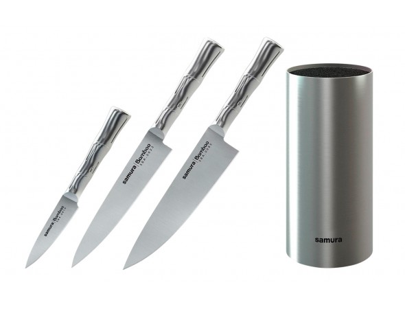 Набор из 3-х ножей Samura Bamboo овощной, универсальный 125 мм, шеф и стальной подставки
