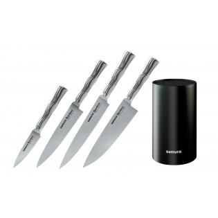 Набор из 4-х ножей Samura Bamboo овощной, универсальный 125 мм, для нарезки, шеф и черной подставки