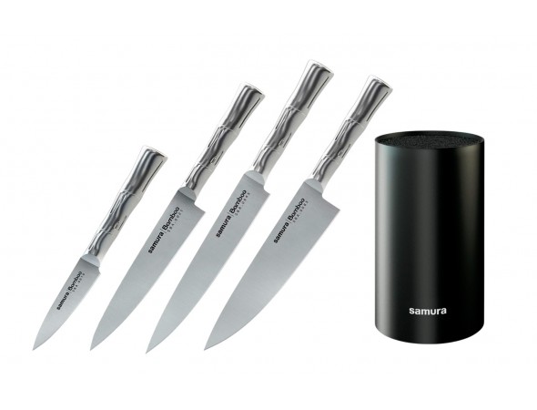 Набор из 4-х ножей Samura Bamboo овощной, универсальный 125 мм, для нарезки, шеф и черной подставки Набор из 4-х ножей Samura Bamboo овощной, универсальный 125 мм, для нарезки, шеф и черной подставки