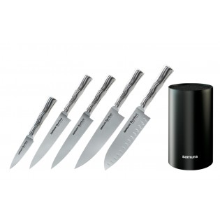 Набор из 5-ти ножей Samura Bamboo овощной, универсальный 150 мм, для стейка, шеф, сантоку 137 мм и черной подставки