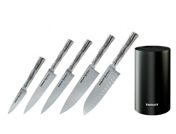 Набор из 5-ти ножей Samura Bamboo овощной, универсальный 150 мм, для стейка, шеф, сантоку 137 мм и черной подставки Набор из 5-ти ножей Samura Bamboo овощной, универсальный 150 мм, для стейка, шеф, сантоку 137 мм и черной подставки