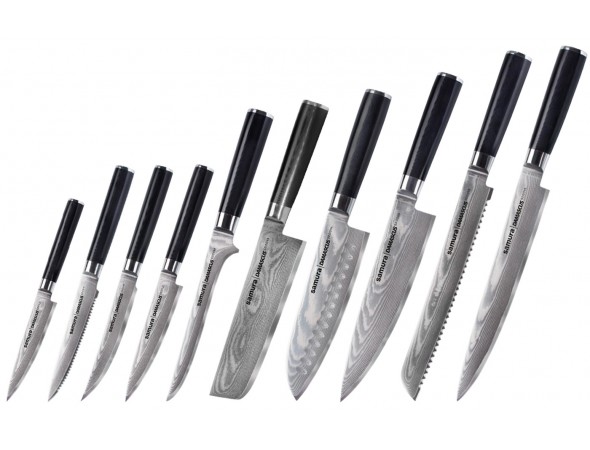 Набор из 10-ти Samura Damascus овощной, для томатов, для стейка, универсальный 125 мм., обвалочный, накири, сантоку, шеф, для хлеба, для нарезки