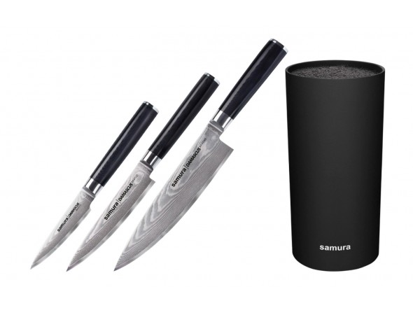 Набор из 3-х ножей Samura Damascus Овощной, Универсальный 125 мм, Шеф и подставки