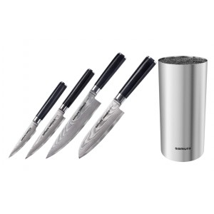 Набор из 4-х ножей Samura Damascus Овощной, Универсальный 125 мм, Шеф, Сантоку 145 мм и подставки