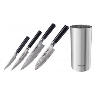 Набор из 4-х ножей Samura Damascus Овощной, Универсальный 125 мм, Шеф, Сантоку 145 мм и подставки