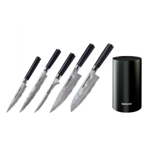 Набор из 5-ти ножей Samura Damascus Универсальный 125 мм, для нарезки, Обвалочный, Шеф, Сантоку 180 мм и подставки 