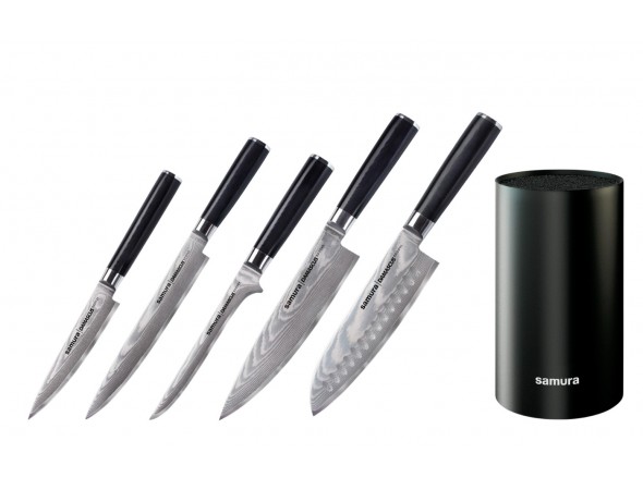 Набор из 5-ти ножей Samura Damascus Универсальный 125 мм, для нарезки, Обвалочный, Шеф, Сантоку 180 мм и подставки 
