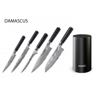 Набор из 5-ти ножей Samura Damascus Универсальный 125 мм, для нарезки, Обвалочный, Шеф, Сантоку 180 мм и подставки 