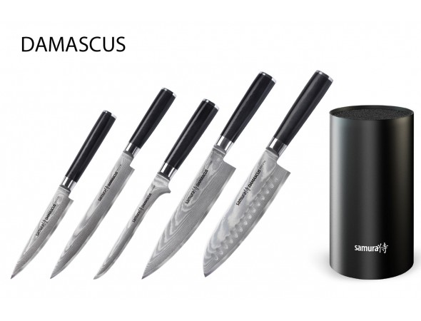 Набор из 5-ти ножей Samura Damascus Универсальный 125 мм, для нарезки, Обвалочный, Шеф, Сантоку 180 мм и подставки 