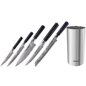 Набор из 5-ти ножей Samura Damascus Овощной, Универсальный 125 мм, Шеф, для томатов, для хлеба и подставки