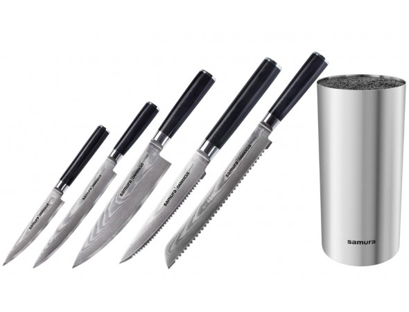 Набор из 5-ти ножей Samura Damascus Овощной, Универсальный 125 мм, Шеф, для томатов, для хлеба и подставки