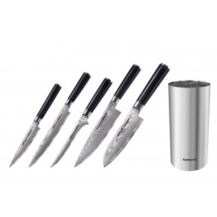 Набор из 5-ти ножей Samura Damascus Универсальный 125 мм, для нарезки, Обвалочный, Шеф, Сантоку 145 мм и подставки