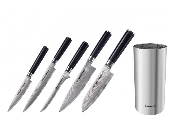 Набор из 5-ти ножей Samura Damascus Универсальный 125 мм, для нарезки, Обвалочный, Шеф, Сантоку 145 мм и подставки