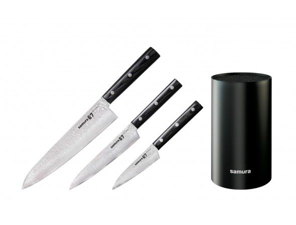 Набор из 3-х ножей SAMURA 67 DAMASCUS овощной, универсальный, шеф и подставки Набор из 3-х ножей SAMURA 67 DAMASCUS овощной, универсальный, шеф и подставки