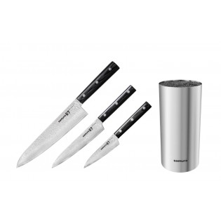 Набор из 3-х ножей SAMURA 67 DAMASCUS овощной, универсальный, шеф и стальной подставки