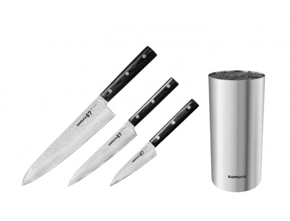 Набор из 3-х ножей SAMURA 67 DAMASCUS овощной, универсальный, шеф и стальной подставки Набор из 3-х ножей SAMURA 67 DAMASCUS овощной, универсальный, шеф и стальной подставки