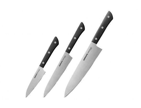 Набор из 3-х ножей Samura Harakiri SHR-0220B овощной, универсальный, шеф, черная рукоять