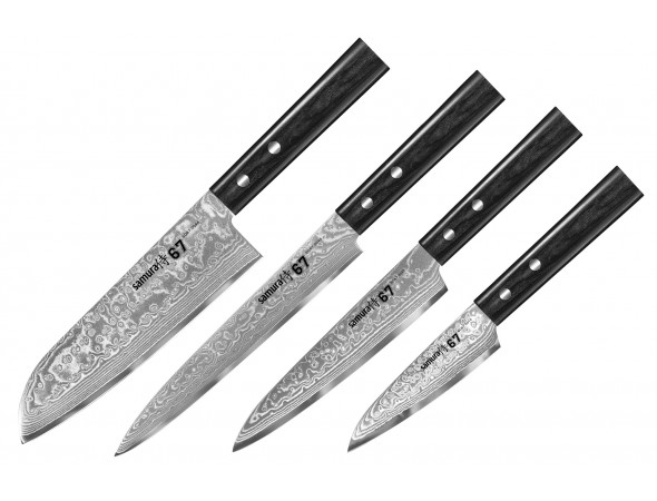 Набор из 4-х ножей SAMURA 67 DAMASCUS овощной, универсальный, слайсер, сантоку