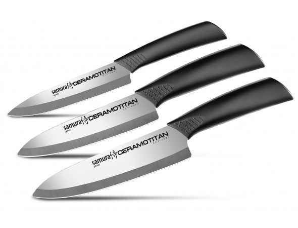 Набор из 3-х ножей Samura Ceramotitan Универсальный 125 мм, Шеф 145 мм и Шеф 175 мм,  глянцевый