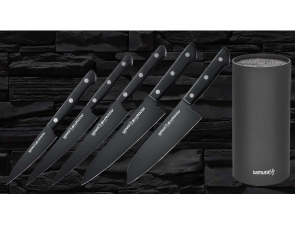 Набор из 5-ти ножей Samura Shadow Овощной 99 мм, Универсальный 120 мм, Универсальный 150 мм, Шеф 208 мм, Сантоку 175 мм и подставки