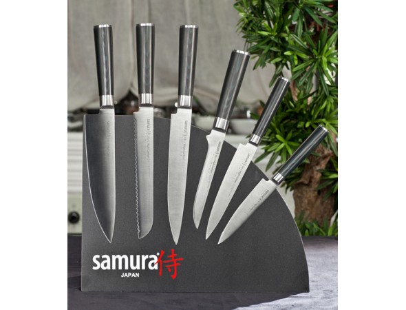 Набор из 6-ти ножей Samura Mo-V Универсальный 125 мм, Универсальный 150 мм, Сантоку, Шеф, Обвалочный, Для хлеба и подставки