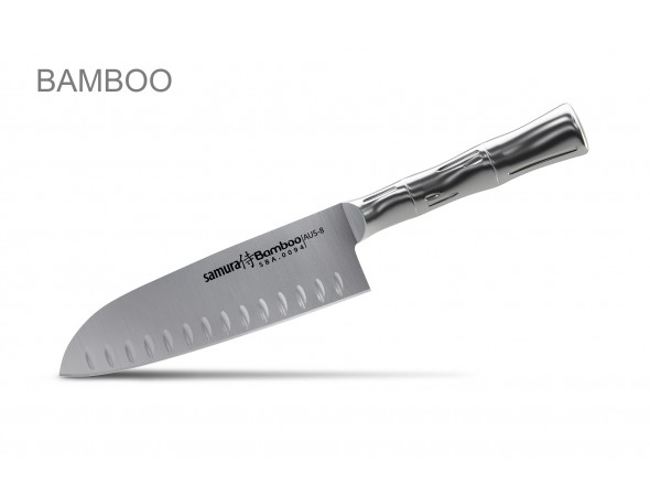 Набор из 5-ти ножей Samura Bamboo овощной, универсальный 150 мм, для стейка, шеф, сантоку 137 мм и черной подставки