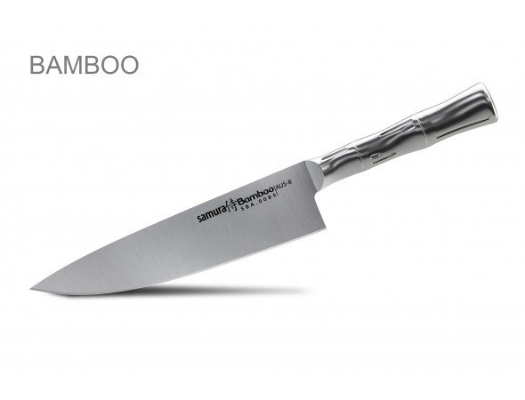 Набор из 5-ти ножей Samura Bamboo овощной, универсальный 150 мм, для стейка, шеф, сантоку 137 мм и черной подставки
