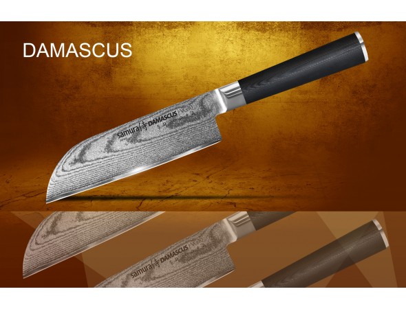 Набор из 4-х ножей Samura Damascus Овощной, Универсальный 125 мм, Шеф, Сантоку 145 мм и подставки