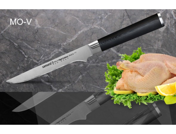Набор из 6-ти ножей Samura Mo-V Универсальный 125 мм, Универсальный 150 мм, Сантоку, Шеф, Обвалочный, Для хлеба и подставки