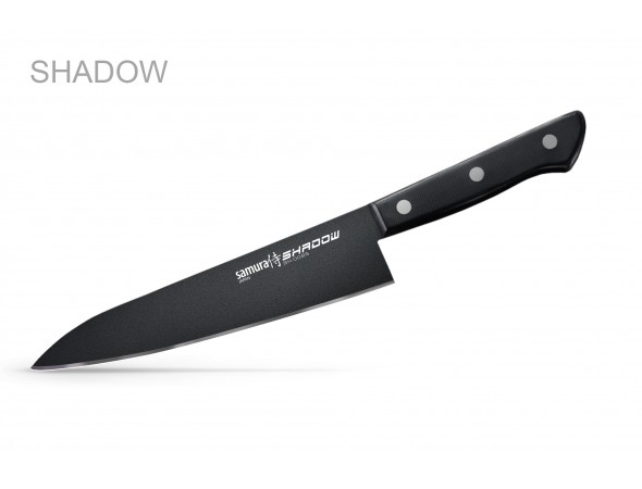 Набор из 5-ти ножей Samura Shadow Овощной 99 мм, Универсальный 120 мм, Универсальный 150 мм, Шеф 208 мм, Сантоку 175 мм и подставки