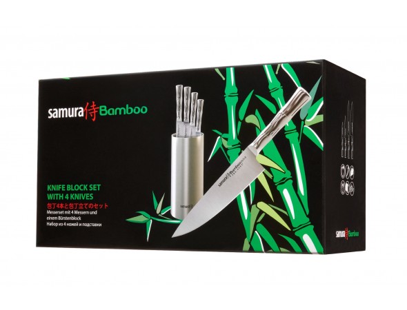 Набор из 4-х ножей Samura Bamboo овощной, универсальный 125 мм, для нарезки, шеф и подставки
