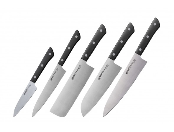 Набор Samura Harakiri 5 ножей SHR-0250B овощной,черная рукоять универсальный, накири, сантоку, шеф