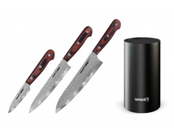 Набор из 3-х ножей SAMURA KAIJU, овощной, универсальный, шеф и подставка