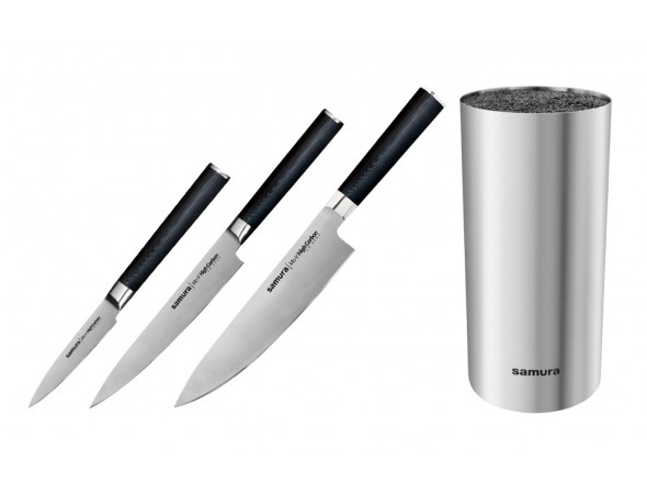 Набор из 3-х ножей Samura Mo-V Овощной, Универсальный 150 мм, Шеф и стальной подставки