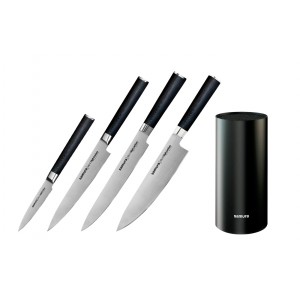 Набор из 4-х ножей Samura Mo-V овощной, универсальный, для нарезки, шеф и подставки
