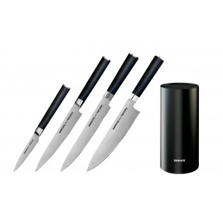 Набор из 4-х ножей Samura Mo-V овощной, универсальный, для нарезки, шеф и подставки