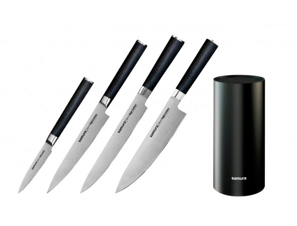 Набор из 4-х ножей Samura Mo-V Овощной, Универсальный 150 мм, Для нарезки, Шеф и подставки Набор из 4-х ножей Samura Mo-V Овощной, Универсальный 150 мм, Для нарезки, Шеф и подставки