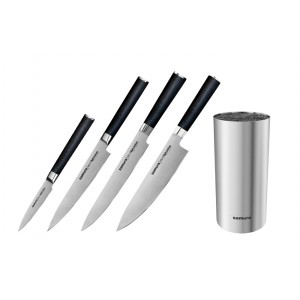 Набор из 4-х ножей Samura Mo-V овощной, универсальный, для нарезки, шеф и подставка