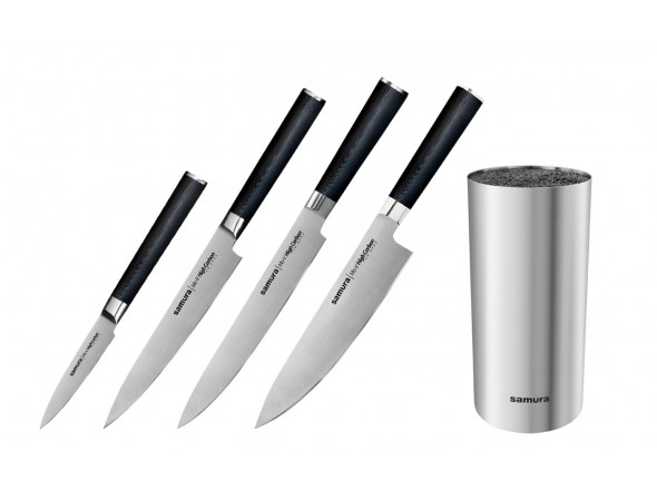 Набор из 4-х ножей Samura Mo-V Овощной, Универсальный 150 мм, Для нарезки, Шеф и стальной подставки